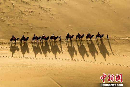 甘肃敦煌大漠旅游升温 观光驼队如沙海长龙